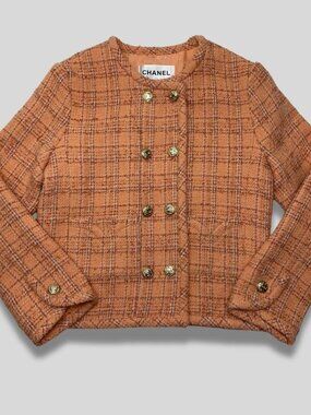 CHANEL Orange Wool Tweed Double Breasted Jacket Spring 2024 Size 36